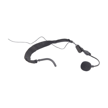 Chord ANM-35 neckband microphone by AVSL with black fabric band, matt black cardioid condenser capsule and threaded 3.5mm jack cable on white.