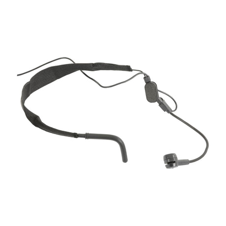 Chord ANM-35 neckband microphone by AVSL with matt black fabric band, gooseneck boom, cardioid condenser capsule and threaded 3.5mm mono jack cable.