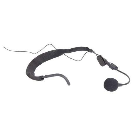 Introducing the Chord Neckband Microphone For Wireless Systems: a black headset microphone equipped with a cardioid condenser capsule and a flexible boom arm, perfect for hands-free speaking. Its adjustable head strap offers superior comfort, while the attached cable allows for seamless connection to an audio device or bodypack transmitter.