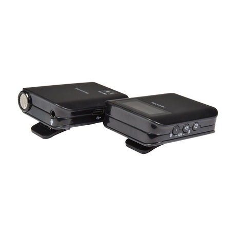 Citronic LM58 wireless lavalier microphone system with clip-on transmitter and black receiver units featuring LCD display, buttons and USB port.