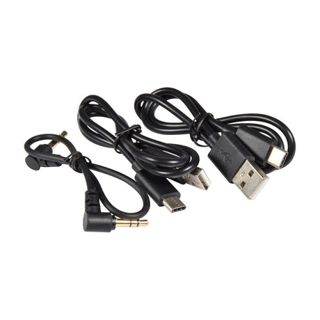 Citronic LM58 wireless lavalier microphone system cables: USB-A to USB-C charging leads and a 3.5mm jack cable with right-angled connectors.