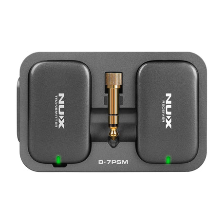 NU-X B-7PSM 5.8GHz wireless in-ear monitor system with matte black transmitter and receiver in a charging case, gold 3.5mm jack visible between them.