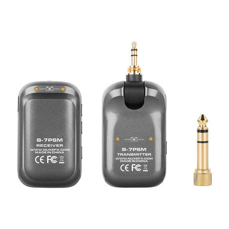 NU-X B-7PSM 5.8GHz wireless in-ear monitor system by AVSL showing rear of receiver and transmitter units with 6.35mm gold jack adapter on white.