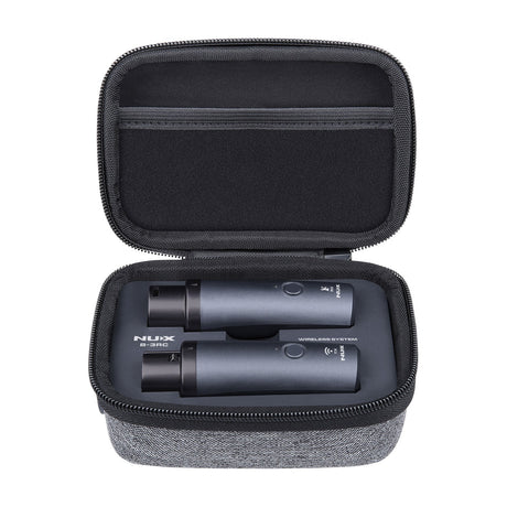 NU-X B-3RC rechargeable 2.4GHz wireless microphone system with XLR transmitter and receiver units seated in an open grey fabric charging case.