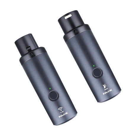 NU-X B-3RC rechargeable 2.4GHz wireless microphone system with matte black XLR transmitter and receiver featuring LED indicators on white background.