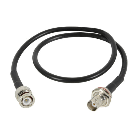 AVSL Unbranded BNCAX500 BNC antenna extension lead with coiled black coaxial cable, male BNC connector and panel-mount female BNC end, on a white background.