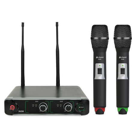 The Chord SU20 Dual UHF Handheld Microphone Set - Red + Green includes a compact receiver and two handheld microphones in distinct colors. Each microphone features an on/off switch, while the dual-channel receiver is designed with volume knobs and two antennas to ensure optimal performance.