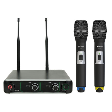 The Chord SU20 Dual UHF Handheld Microphone Set, available in blue and yellow, includes a compact half-rack format receiver with two handheld microphones. The system features Channel A and Channel B controls, two antennas, and the microphones come with on/off switches and colored indicators.