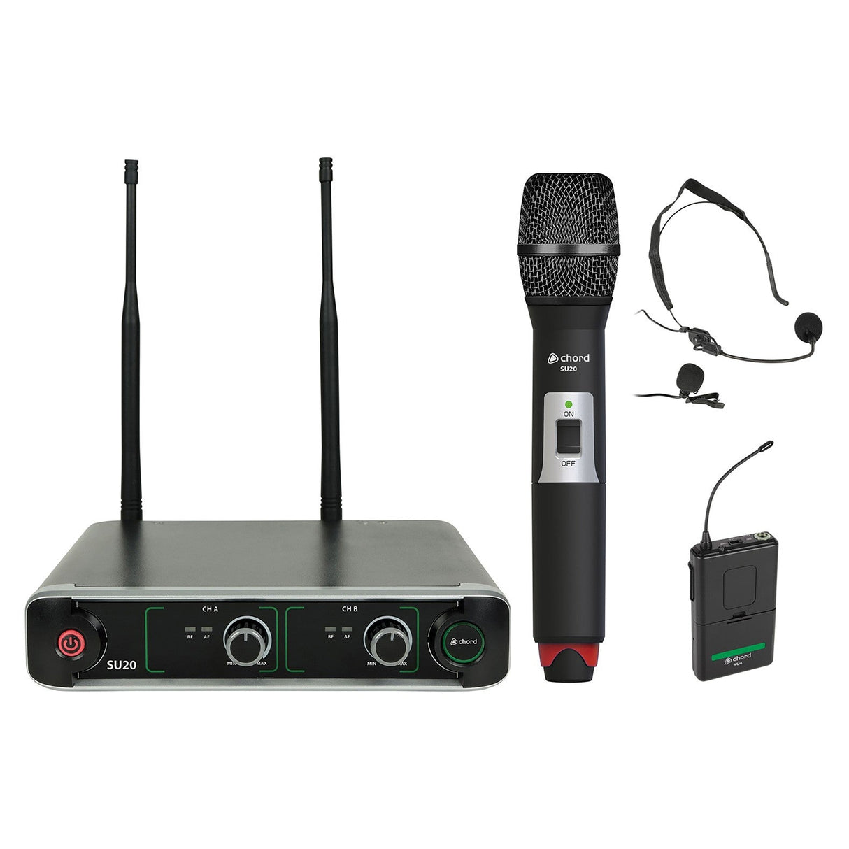 The Citronic SU20 Dual UHF Combo Microphone Set in Red and Green includes a compact receiver unit, handheld and headset microphones, a bodypack transmitter, and is elegantly designed with two antennas and precise control knobs for seamless connection.