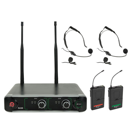 The Chord SU20 Dual UHF Beltpack Microphone Set in Red and Green is a compact wireless microphone system that includes a dual UHF receiver, two headset microphones with integrated headsets, and two belt-pack transmitters. The receiver features dual antennas and control knobs for managing channels A and B.