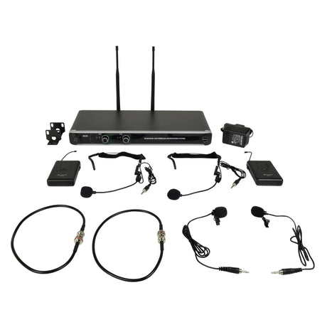 Experience seamless audio capture with the Chord NU20 Dual UHF Beltpack, featuring a UHF receiver for crystal-clear sound. This set includes dual-channel receivers, Lavalier and neckband microphones, bodypack transmitters, cables, and accessories—all offering license-free operation on a sleek white background.