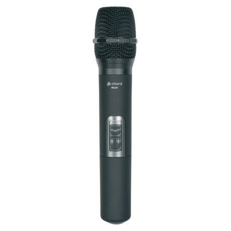 A Chord NU20 Handheld Transmitter 863.8mhz in black showcases a dynamic capsule, mesh grille, and front-facing power switch, with the Chord brand name and model number elegantly printed on its body.