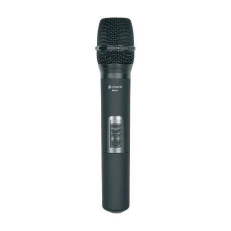 Chord NU20-HT-864.8 handheld wireless microphone transmitter in matte black with mesh grille and on/off switch, shown on a plain white background.