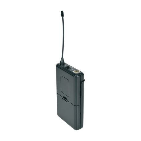 Chord NU20 863.8MHz beltpack transmitter in matte black with extended antenna, on/off/mute switch, threaded 3.5mm jack and belt clip, on white.