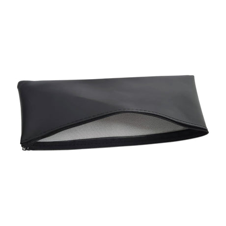Chord HTP-295 wireless microphone transmitter pouch in black PU leather with zip closure, partially open to reveal the light interior lining.