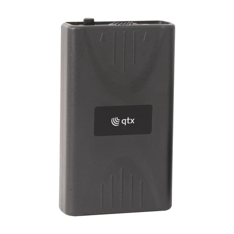 QTX BTX-173.8 VHF bodypack transmitter in matte black plastic with top control switch and front qtx logo panel, shown on a plain white background.