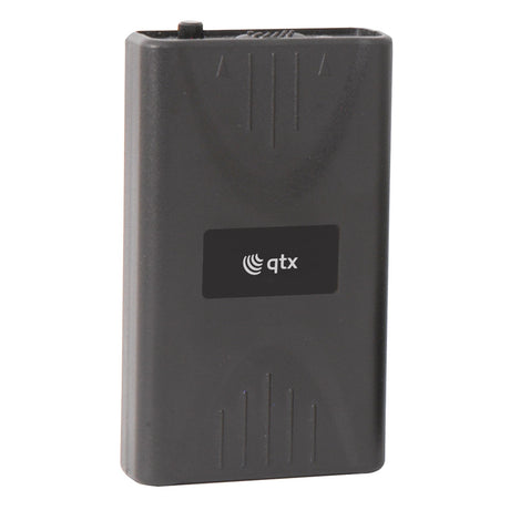 The QTX Bodypack Transmitter 173.8MHz is a black, rectangular wireless VHF device labeled QTX systems, with a small front switch and textured lines for easy operation.