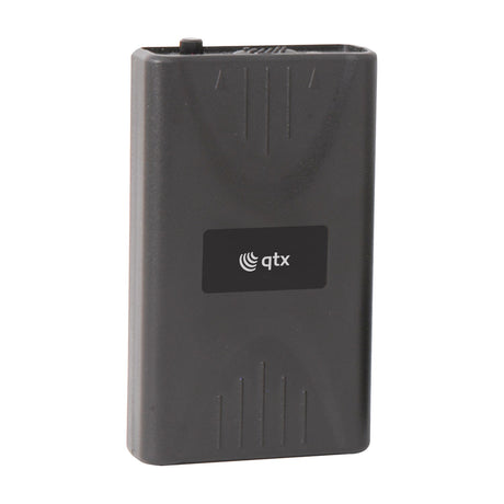 QTX BTX-174.1 VHF bodypack transmitter in matte black plastic with front logo panel and top control, shown on a plain white background.