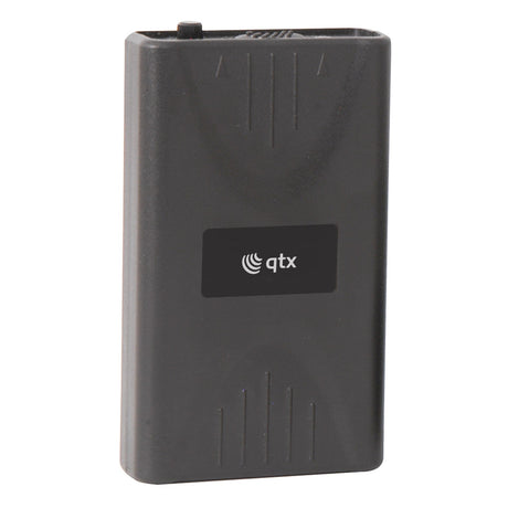 A rectangular black QTX Bodypack Transmitter 174.1MHz features a small white QTX logo on the front, rounded edges, and vertical grip grooves. Designed for QTX VHF wireless systems as a replacement battery pack.