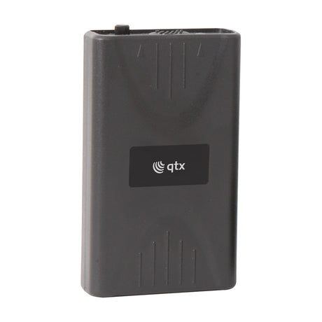 QTX BTX-174.5 VHF bodypack transmitter in matte black plastic with front qtx logo panel, shown upright on a plain white background.