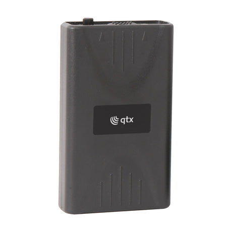 QTX BTX-174.8 VHF bodypack transmitter in matte black plastic casing with belt clip and top control, shown on a plain white background.