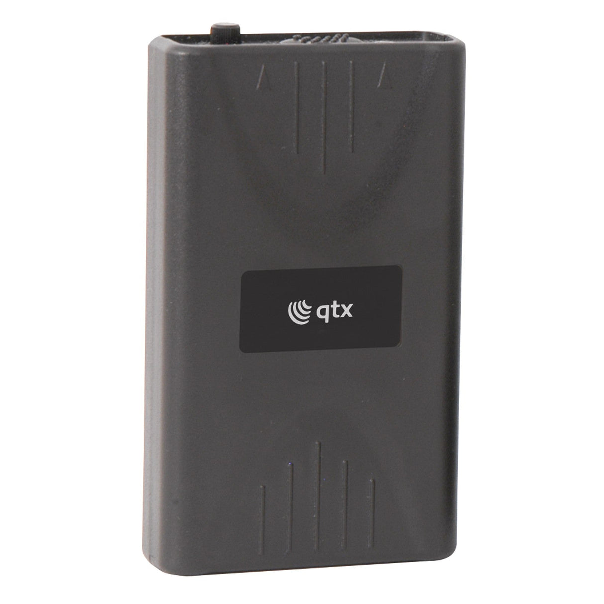 The QTX Bodypack Transmitter 174.8MHz is a compact black rectangular plastic device with a curved design and white qtx logo, ideal as a replacement for QTX VHF wireless systems—perfect for stage presentations.
