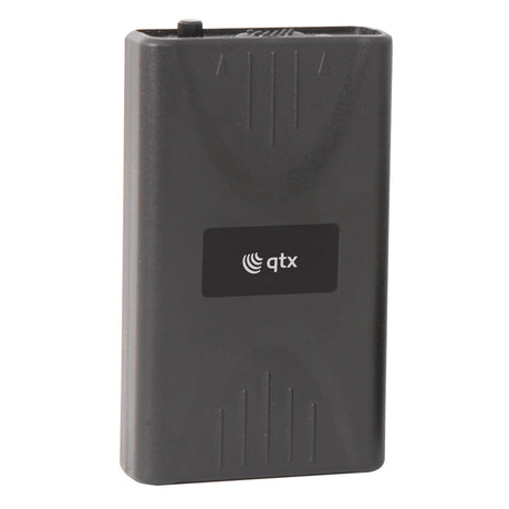 The QTX Bodypack Transmitter 174.8MHz is a compact black rectangular plastic device with a curved design and white qtx logo, ideal as a replacement for QTX VHF wireless systems—perfect for stage presentations.