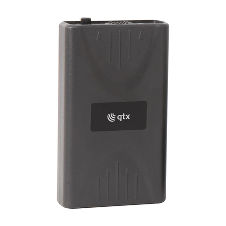 QTX BTX-175.0 VHF bodypack transmitter in matte black plastic casing with small top control and front qtx logo, shown on a plain white background.