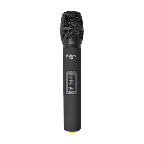 Chord NU4-HT863.1 handheld wireless microphone transmitter in matte black with mesh grille, on/off switch and yellow band on a white background.