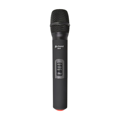 Chord NU4 handheld wireless microphone transmitter in matte black with mesh grille, on/off switch, and red base marker on a plain white background.