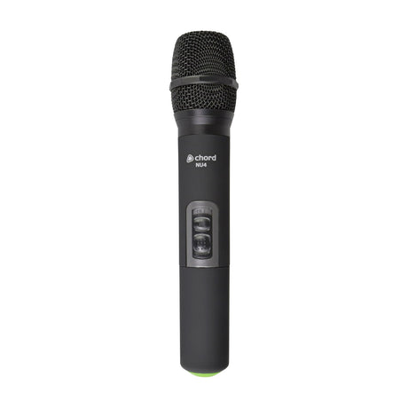 Chord NU4 handheld wireless microphone transmitter in matte black with mesh grille, on/off switch and green base identifier, shown on a white background.