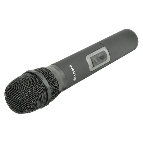 A green Chord NU4 handheld microphone transmitter, compatible with an 864.3 MHz wireless UHF system for professional performance, is shown against a plain white background. It features a mesh head and power switch, with the brand name prominently displayed on the handle.