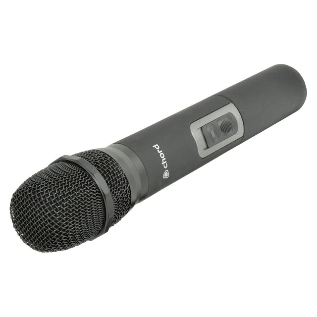 A green Chord NU4 handheld microphone transmitter, compatible with an 864.3 MHz wireless UHF system for professional performance, is shown against a plain white background. It features a mesh head and power switch, with the brand name prominently displayed on the handle.