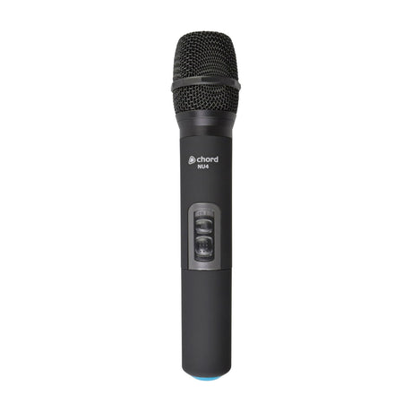 Chord NU4 handheld wireless microphone transmitter in matte black with mesh grille, on/off switch and blue base ring, shown on a plain white background.