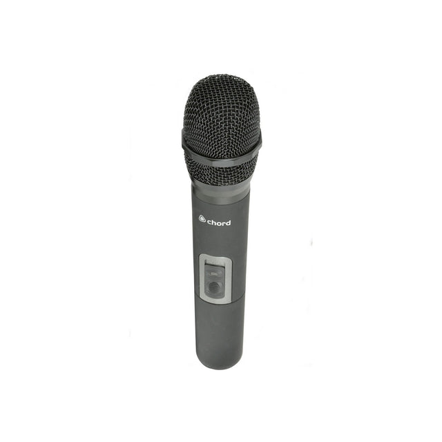 A handheld microphone featuring a sleek design with a mesh grille and visible on/off switch, labeled Chord NU4 on the front. Compatible with wireless UHF systems, this sophisticated device is showcased against a plain white background. Note: The product name indicates it is "Chord NU4 Handheld Microphone Transmitter 863.42mhz - Blue.