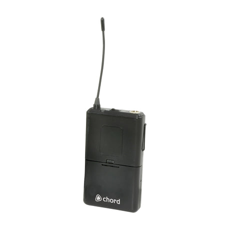 Chord NU4-BT864.8 UHF beltpack transmitter in black with flexible antenna, belt clip, and battery compartment, shown on a plain white background.