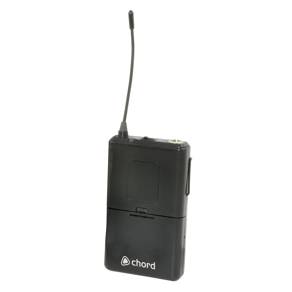 The Chord NU4 Beltpack Transmitter 864.8MHz - Red features an antenna, side belt clip, and the Chord logo on the front, designed for seamless wireless connection with Chord NU4 systems.
