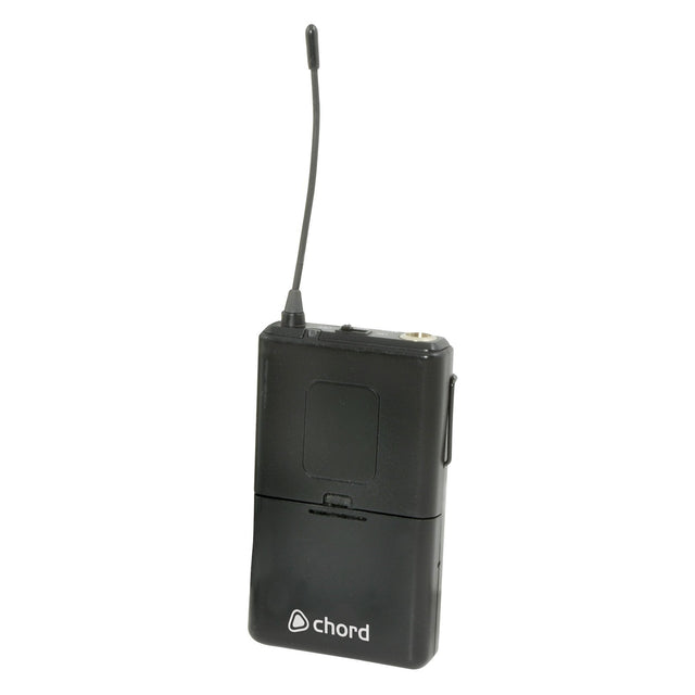 The Chord NU4 Beltpack Transmitter 864.8MHz - Red features an antenna, side belt clip, and the Chord logo on the front, designed for seamless wireless connection with Chord NU4 systems.