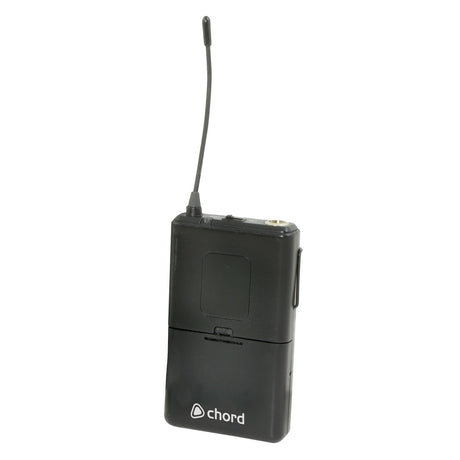 A blue Chord NU4 Beltpack Transmitter (863.42MHz), part of a wireless UHF system, with an antenna, stands upright against a white background.