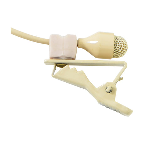 Chord DLM-35 beige omni-directional lavalier tie-clip microphone with mesh grille, attached cable and metal clip on a white background.