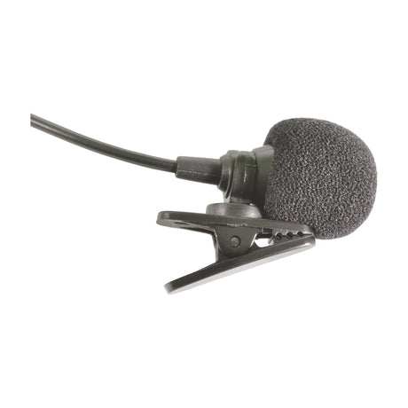Chord LLM-35 cardioid lavalier tie-clip microphone in black with foam windscreen, clothing clip and thin cable, shown on a plain white background.