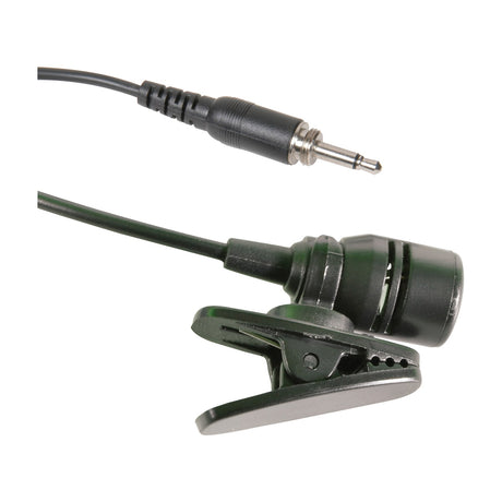 Chord LLM-35 cardioid lavalier tie-clip microphone in black with clothing clip and threaded 3.5mm mono jack connector on a white background.