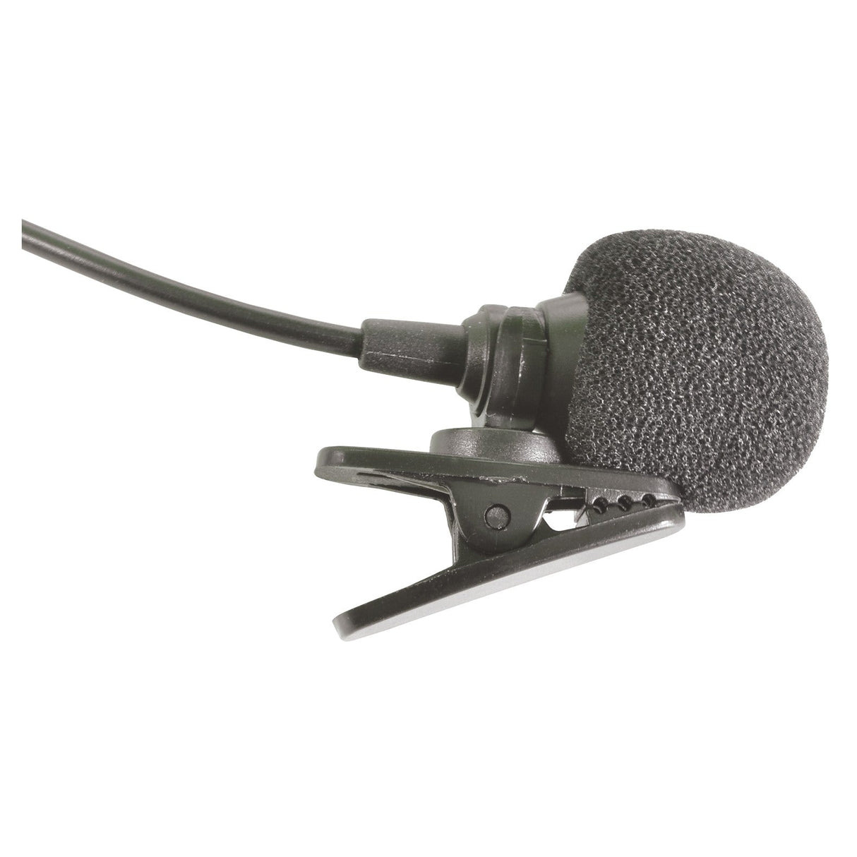 The Chord LLM-35 Lightweight Cardioid Lavalier Tie Clip Microphone, featuring a black foam windscreen and designed for hands-free use, is isolated against a white background.