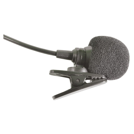 The Chord LLM-35 Lightweight Cardioid Lavalier Tie Clip Microphone, featuring a black foam windscreen and designed for hands-free use, is isolated against a white background.