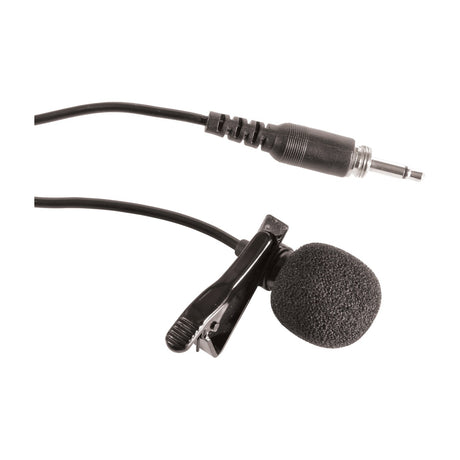 Chord SLM-35 cardioid lavalier tie-clip microphone in black with foam-covered capsule, clip, and threaded 3.5mm mono jack connector on a white background.