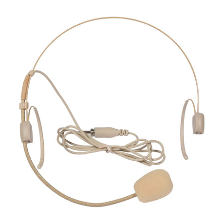 Chord FCN-35 beige cardioid neckband headset microphone with flexible boom, foam windscreen, coiled cable and threaded 3.5mm mono jack on a white background.