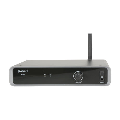Chord NU1-N UHF wireless microphone receiver in black with volume knob, RF and AF indicators, power switch and antenna, on a white background.
