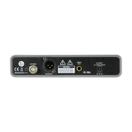 Rear panel of the Chord NU1-N UHF Wireless Microphone System receiver showing antenna, balanced XLR, unbalanced jack output, and DC input on a white background.