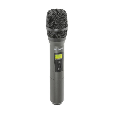 Citronic RUHH-PLL UHF handheld wireless transmitter microphone in matte black with mesh grille and backlit LCD display, shown on a plain white background.