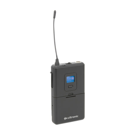 Citronic RUBP-PLL UHF beltpack transmitter in matte black with extended antenna, backlit LCD channel display and threaded 3.5mm jack, on white.